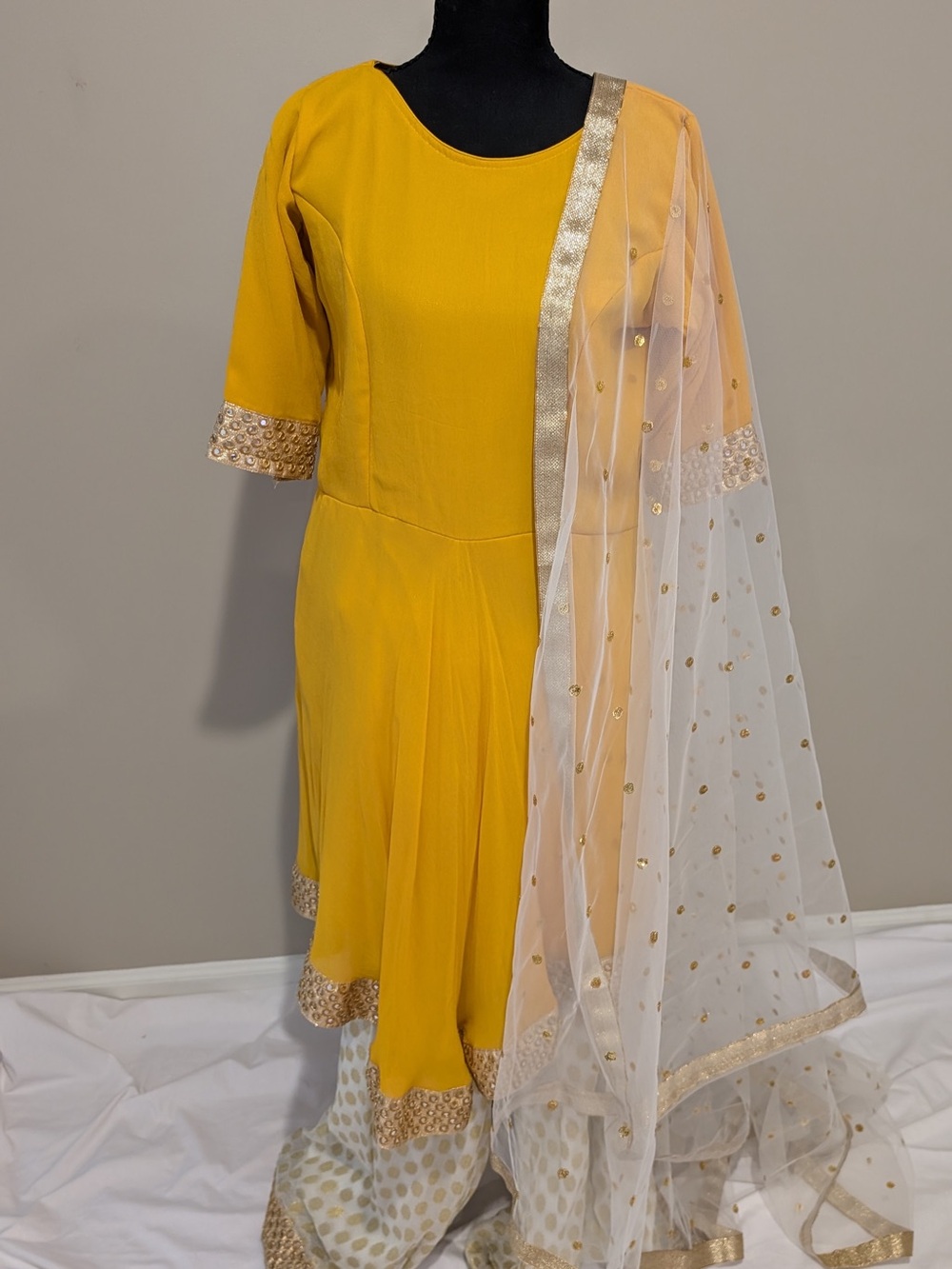 Elegant Mustard Flare Pant Yellow Women's Dress with Gold Trim